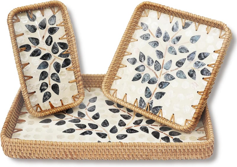 Dachsy Rattan Serving Tray with Mother of Pearl Inlay,Set of 3 Wicker Serving Tray Boho,Hand-Woven from Natural Rattan, Serving Baskets for Home Decor and Coffee Table Decor (Midnight Leaf) - Image 1